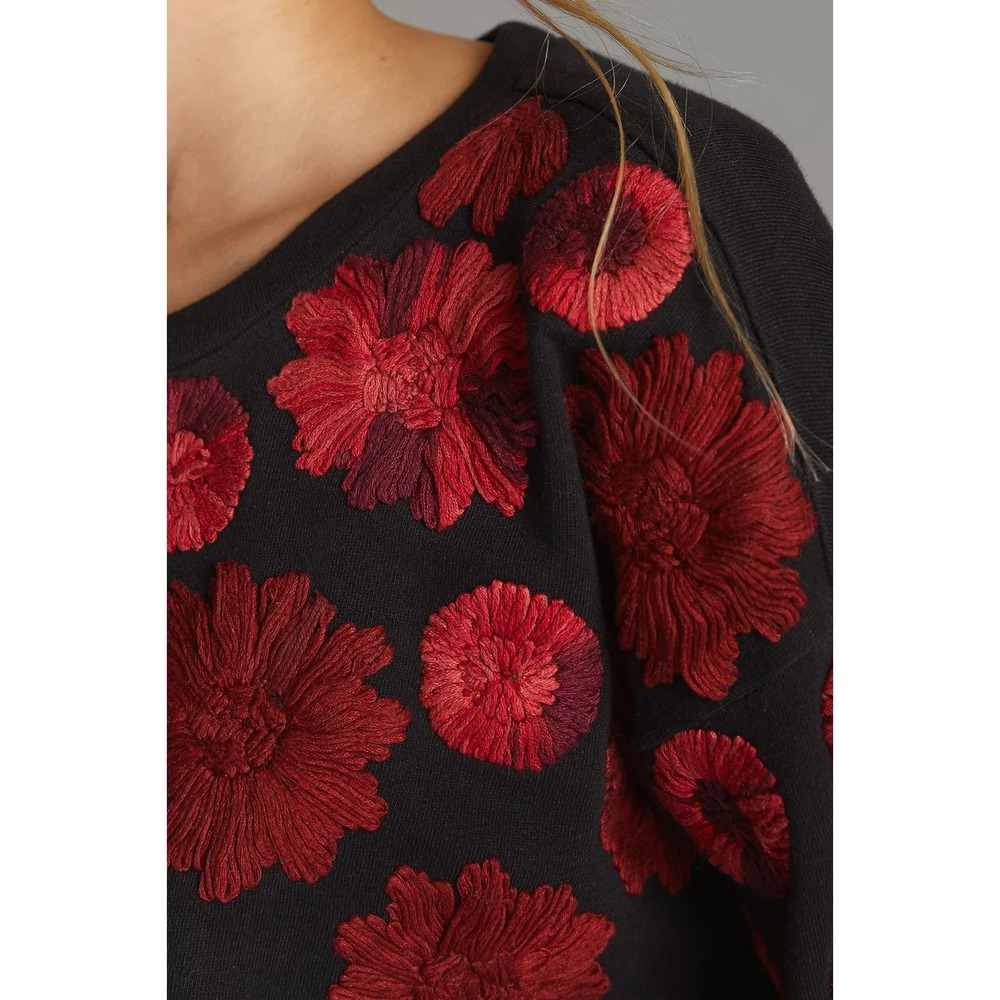 Anthropologie Maeve Red Floral Yarn Embroidered Black Sweatshirt Size Medium - Picture 2 of 8